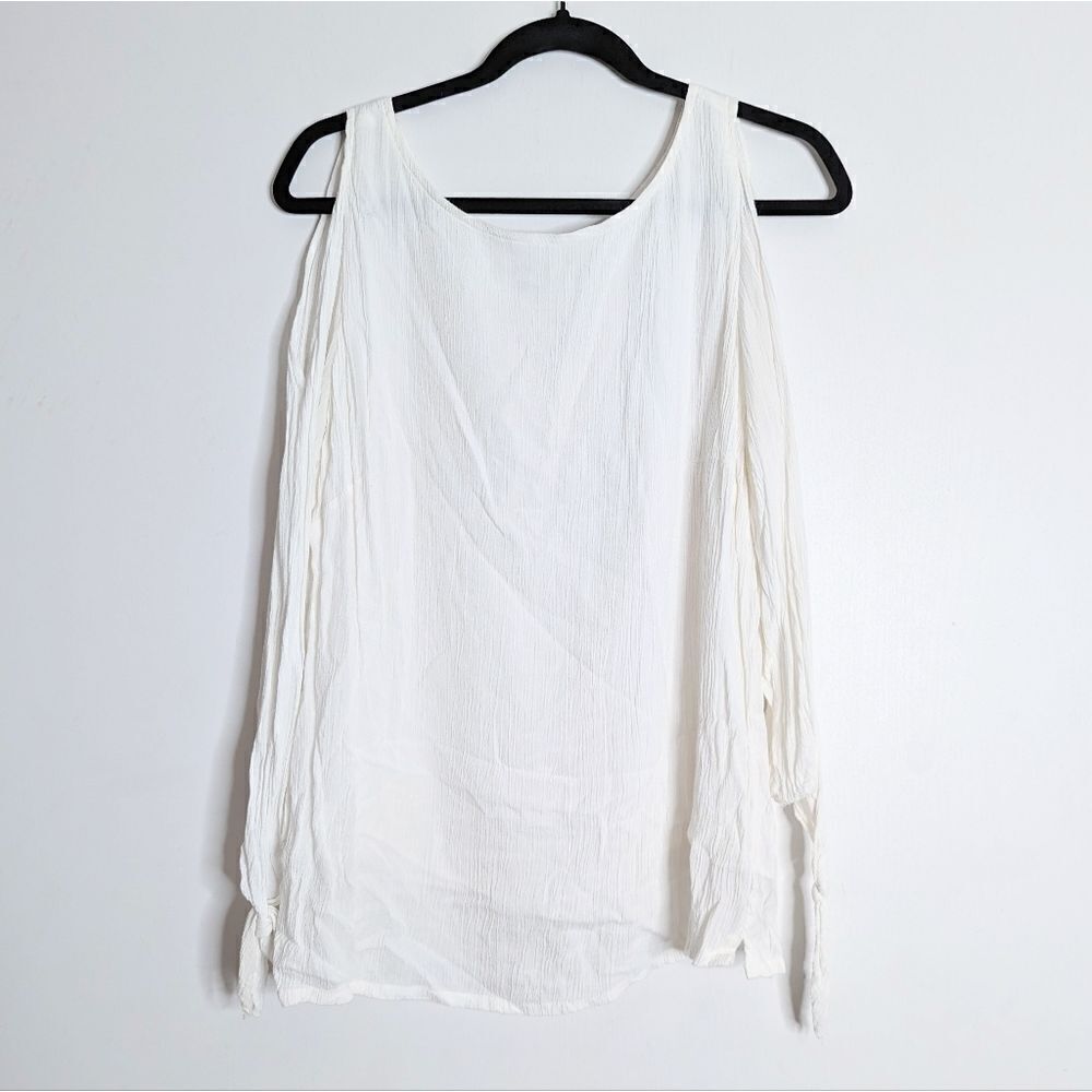 Soft Surroundings Crinkle Cold Shoulder‎ Tie Sleeve Blouse White Small
